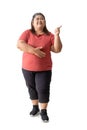 Fat woman asian pointing finger to the side,