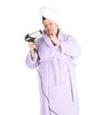 Fat woman in bathrobe keeping hair-dryer Royalty Free Stock Photo