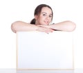 Fat woman with blank sign, billboard Royalty Free Stock Photo