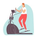 Fat woman doing cardio exercise. Elliptical trainer in the gym. Weight loss. Healthy lifestyle. Vector illustration in Royalty Free Stock Photo