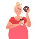 A girl with a curvaceous body drinks coffee and holds a sweet donut. Overweight, obesity, dietetics. Fashion size plus. Vector gra