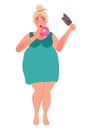 Fat woman eating donut and ice cream. Overweight, obesity, dietetics. Fashion size plus. Vector graphics