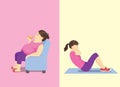 Fat woman eating fast food on sofa but slim woman doing sit up workout.