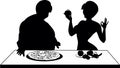 The fat woman eats a big pizza, and the slim athletic girl leads a healthy lifestyle and eats healthy food. Silhouette