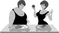 The fat woman eats a lot, and the slim athletic girl leads a healthy lifestyle and eats healthy food. Black, grey, white.