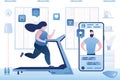 Fat woman engaged to lose weight. Female character running on treadmill in gym. Male fitness coach on smartphone screen. Workout