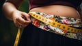 Fat woman, fat belly, obese woman hand holding excessive belly fat with measure tape, woman diet lifestyle concept, generative ai