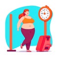 Fat woman fatness to loss weight, overweight cartoon style at gym