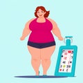 Fat woman fatness to loss weight, overweight cartoon style at gym