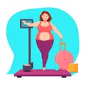 Fat woman fatness to loss weight, overweight cartoon style at gym