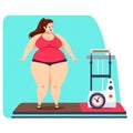 Fat woman fatness to loss weight, overweight cartoon style at gym