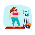 Fat woman fatness to loss weight, overweight cartoon style at gym