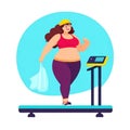 Fat woman fatness to loss weight, overweight cartoon style at gym