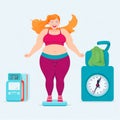 Fat woman fatness to loss weight, overweight cartoon style at gym