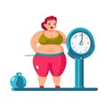 Fat woman fatness to loss weight, overweight cartoon style at gym