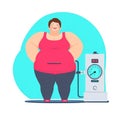 Fat woman fatness to loss weight, overweight cartoon style at gym