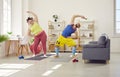 Fat woman with funny bearded man in bright sportswear doing sport exercises at home together. Royalty Free Stock Photo