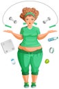 Fat woman is going to lose weight. Fitness life accessories Royalty Free Stock Photo