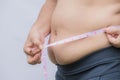 Fat woman hand measuring waist with white measuring tape Royalty Free Stock Photo