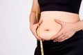 Fat woman holding excessive belly fat with measuring tape on white background. Abdominal muscle tightening. Obesity concept