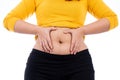 Fat woman holding excessive fat belly, overweight fatty belly isolated white background. Diet lifestyle, weight loss, stomach Royalty Free Stock Photo