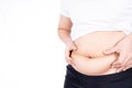 Fat woman holding excessive fat belly, overweight fatty belly isolated on over white background. Diet lifestyle, weight loss, Royalty Free Stock Photo