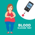 Fat woman holding hand glucose meter. blood sugar test for diabetes Royalty Free Stock Photo