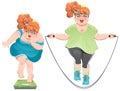 Fat woman with horror looks at the scales, and then jumps on a skipping rope Royalty Free Stock Photo