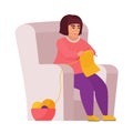 Fat woman knitting in armchair