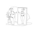 Fat woman looking at mirror seeing slim beauty reflection