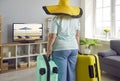 Fat woman looking at TV screen with tropical beach dreaming about sea holidays Royalty Free Stock Photo