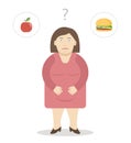 Fat Woman Makes a Choice Between an Apple and Cheeseburger