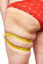 Fat woman measuring thigh leg tape measure Royalty Free Stock Photo