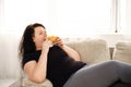 Fat woman overeating junk food. sedentariness Royalty Free Stock Photo