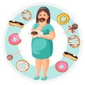 Fat woman with plate of donuts surrounded with desserts Royalty Free Stock Photo