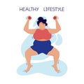 Fat woman plays sports. Vector illustration. Isolated background