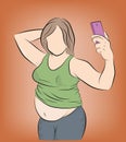 Fat woman posing on the phone selfie. overweight. the problem of obesity. losing weight. vector illustration.