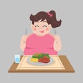 Fat woman ready to eat foods, salad, steak, vegetable Royalty Free Stock Photo