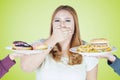 Fat woman rejects high calorie food Royalty Free Stock Photo