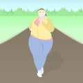 Fat woman running, flat drawing, colorful vector illustration. Plump girl in a tracksuit playing sports to run on the road to the Royalty Free Stock Photo