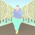 Fat woman running, flat drawing, colorful vector illustration. Plump girl in a tracksuit playing sports to run on the road in the Royalty Free Stock Photo