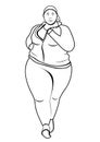 Fat woman running outline silhouette, flat linear drawing, black and white vector illustration, sketch, coloring. Plump girl in tr