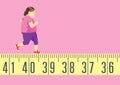 Fat woman running on tape measure for get in shape and lose weight. Royalty Free Stock Photo