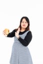 Fat woman says no eating hamburger in hand Royalty Free Stock Photo