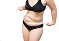 fat woman show squeeze tighten body fat by measure tape overweight concept Royalty Free Stock Photo