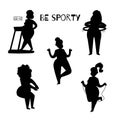 Fat woman silhouette doing sport exercises, cartoon vector illustration. Obese, fat woman doing treadmill walking