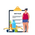 Fat woman standing on weigh scales. Diet plan checklist. Healthy food and sports. Vector illustration Royalty Free Stock Photo