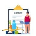 Fat woman standing on weigh scales. Diet plan checklist. Healthy food and sports. Vector illustration Royalty Free Stock Photo