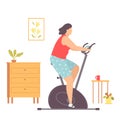 Fat woman on a stationary bike doing cardio exercise at home. Weight loss. Healthy lifestyle. Vector illustration in