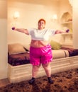 Fat woman on training, fight against obesity